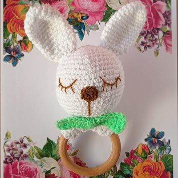 Newborn White and Green Sensory Bunny Teether Toy