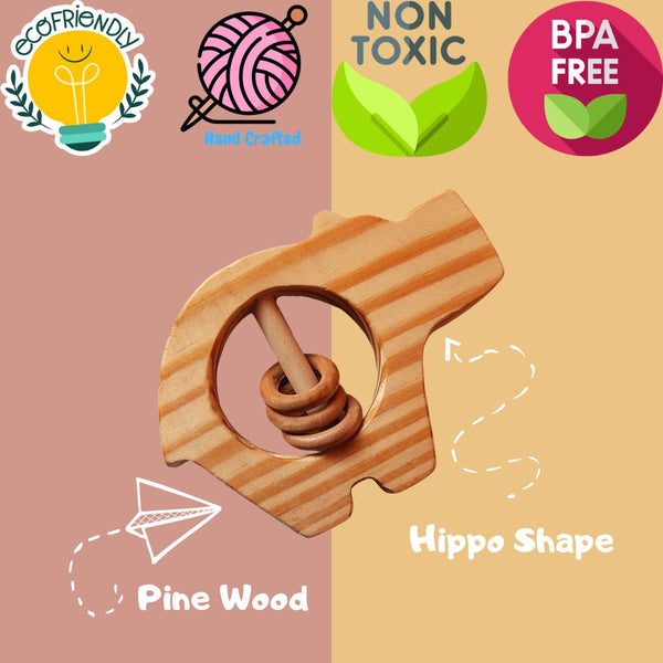 Wooden Animal Shape Baby Rattle (Hippo/Elephant/Turtle/Fish