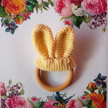 Wooden bunny ears teether, bunny ears crochet teether