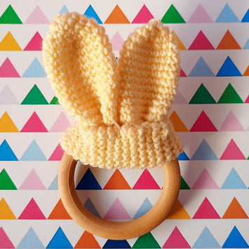 Wooden bunny ears teether, bunny ears crochet teether