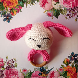 Littleok Wooden Bunny Crochets Teether white and pink Crochet Teether